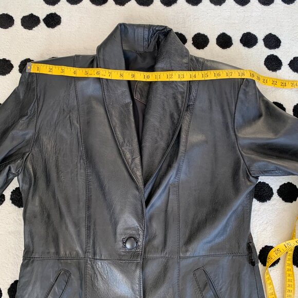 Vintage 90s Black Leather Trench Coat Retro Maxi Long Length Jacket Overcoat - Picture 12 of 16